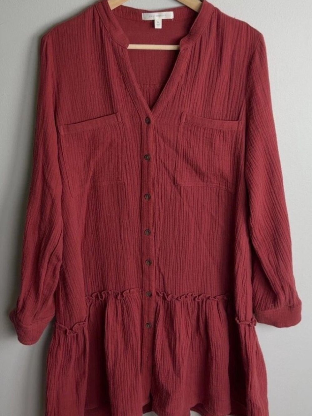 First Monday Red Button-Down Tunic Dress Long Sleeve Ruffled Hem Textured Gauze